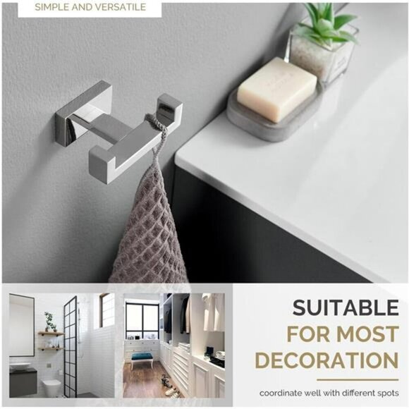 Angle Simple Double Towel Hook Polished Chrome 304 Stainless Steel Bathroom Hook - Picture 6 of 8